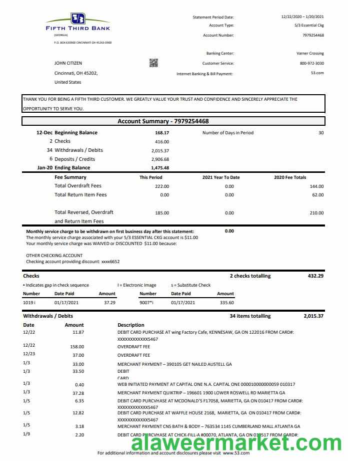 USA Fifth Third Bank statement easy to fill template in .xls and .pdf file format